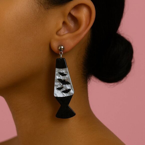 Bat Lava Lamp Earrings | Cute Spooky Halloween Statement Jewelry - Picture 2 of 4